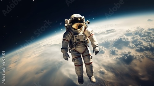 Spacewalk, astronaut cosmonaut, hovering above the ground, Beauty of deep space. Billions of galaxies in the universe. Boundless space, galaxy