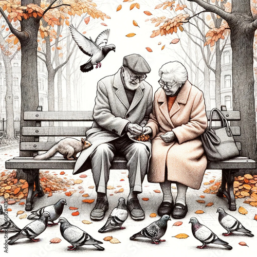 an elderly couple sitting on a park bench, feeding pigeons and squirrels, with autumn leaves scattered around