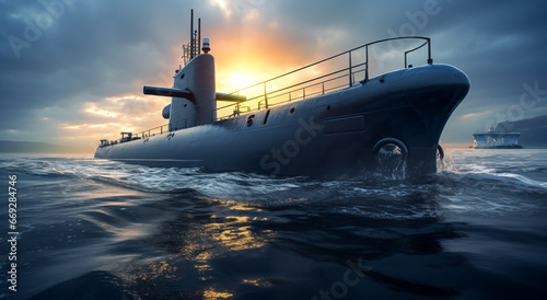 Naval submarine on open sea surface with cloudy sky. Sunset with Diesel Electric Submarine photo