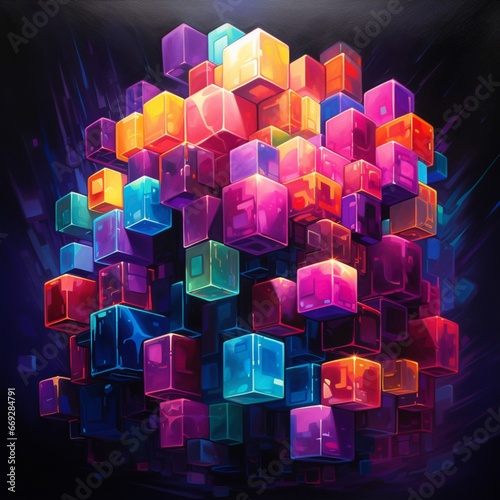 Colorful light bright neon boxes stacked purple background photography image AI generated art