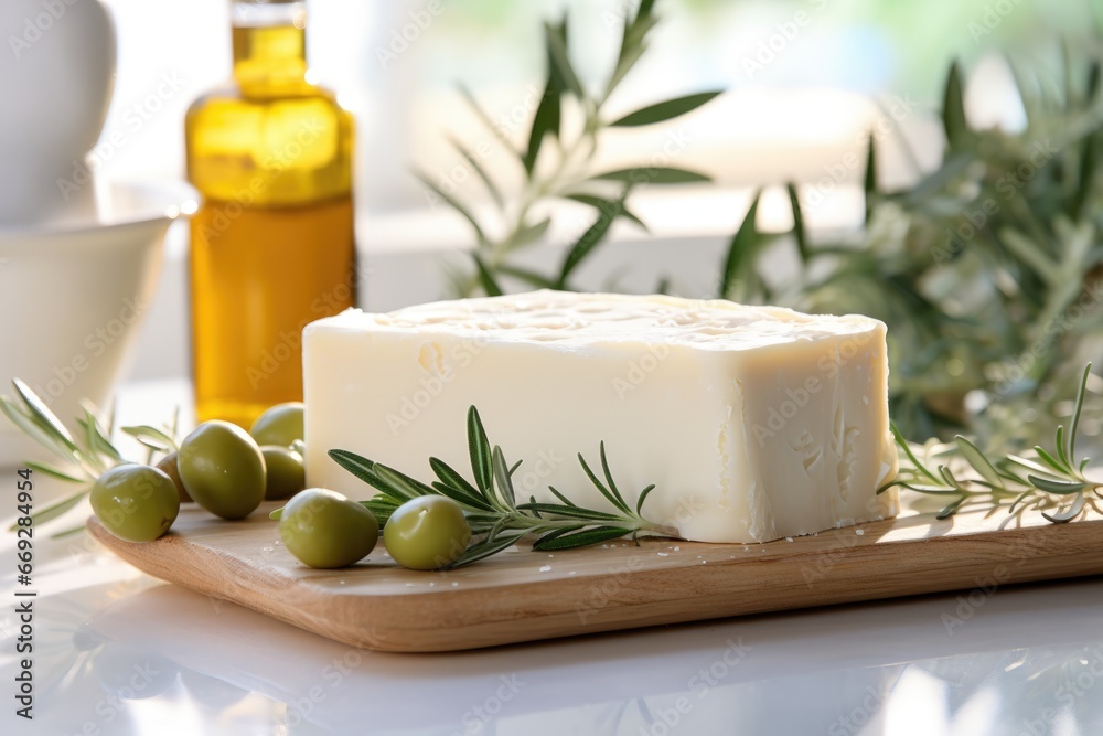 peace of hand made soap and branch of olive tree with leaves and green olives levitating on soup, on bright background, minimalistic product photography peace of hand made soap and branch of olive tree with leaves and green olives levitating on soup, on bright background, minimalistic product photography