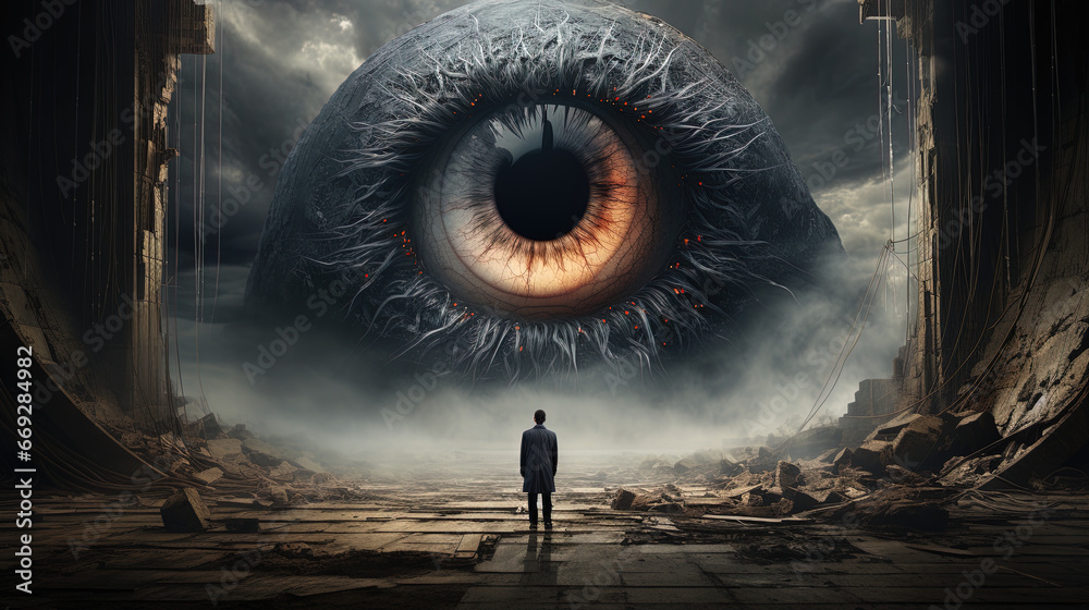 man standing in front of a giant eye - obrazy, fototapety, plakaty 