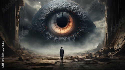 man standing in front of a giant eye