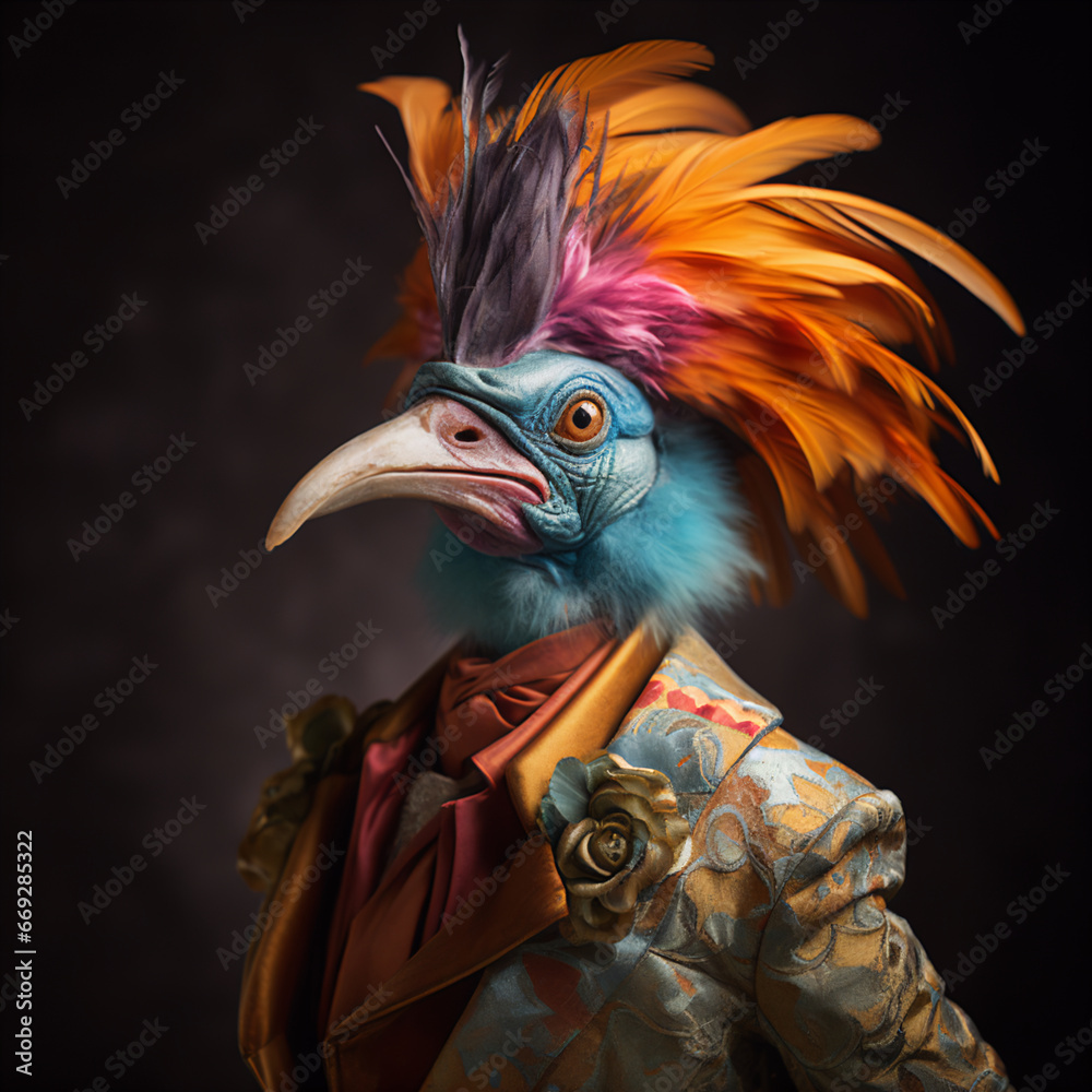 Bird in Whimsical Animal Costume: A Vibrant Display of Color and Texture Captured with Zeiss Otus Lens Detail