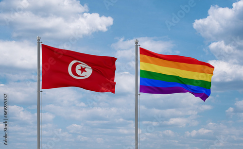 Gay Pride and Tunisia flags, country relationship concept
