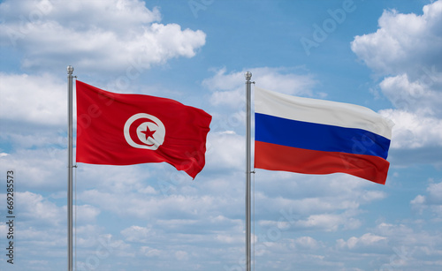 Photography Russia and Tunisia flags, country relationship concept