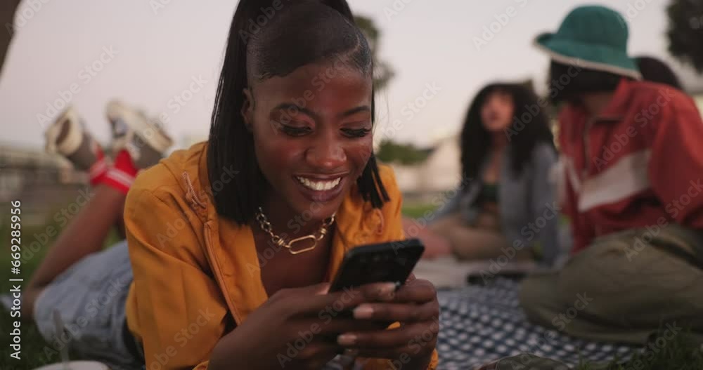 Picnic, phone chat or black woman in in park on social media, post or mobile app notification. Friends, happy or gen z girl in nature texting, networking or typing in online dating to relax at sunset