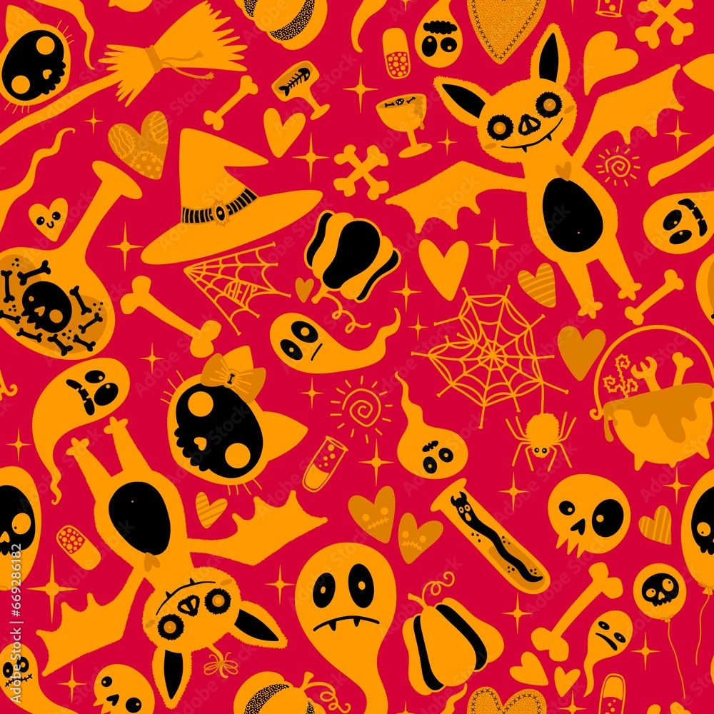 Obraz premium Halloween cartoon doodle seamless bat and cat and ghost and skulls pattern for wrapping paper and fabrics