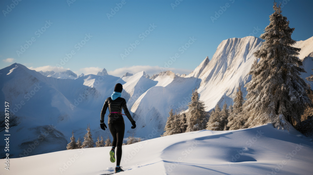 Illustration of a woman going for a run in the mountains in winter