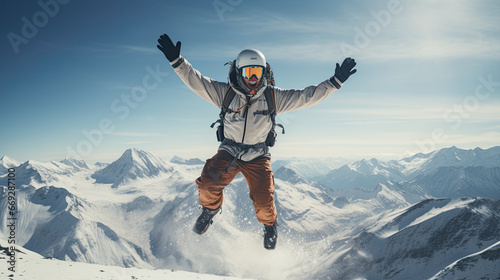 A man jumps up. In the background are snow-capped mountains.