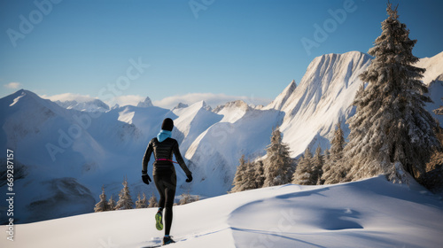 Illustration of a woman going for a run in the mountains in winter