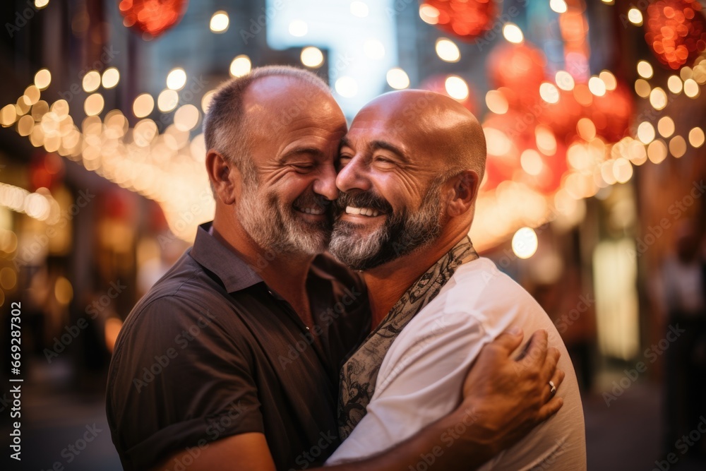 Happy male couple non-traditional orientation, gay, LGBT, romantic relationship of two men. Love serious commitment.