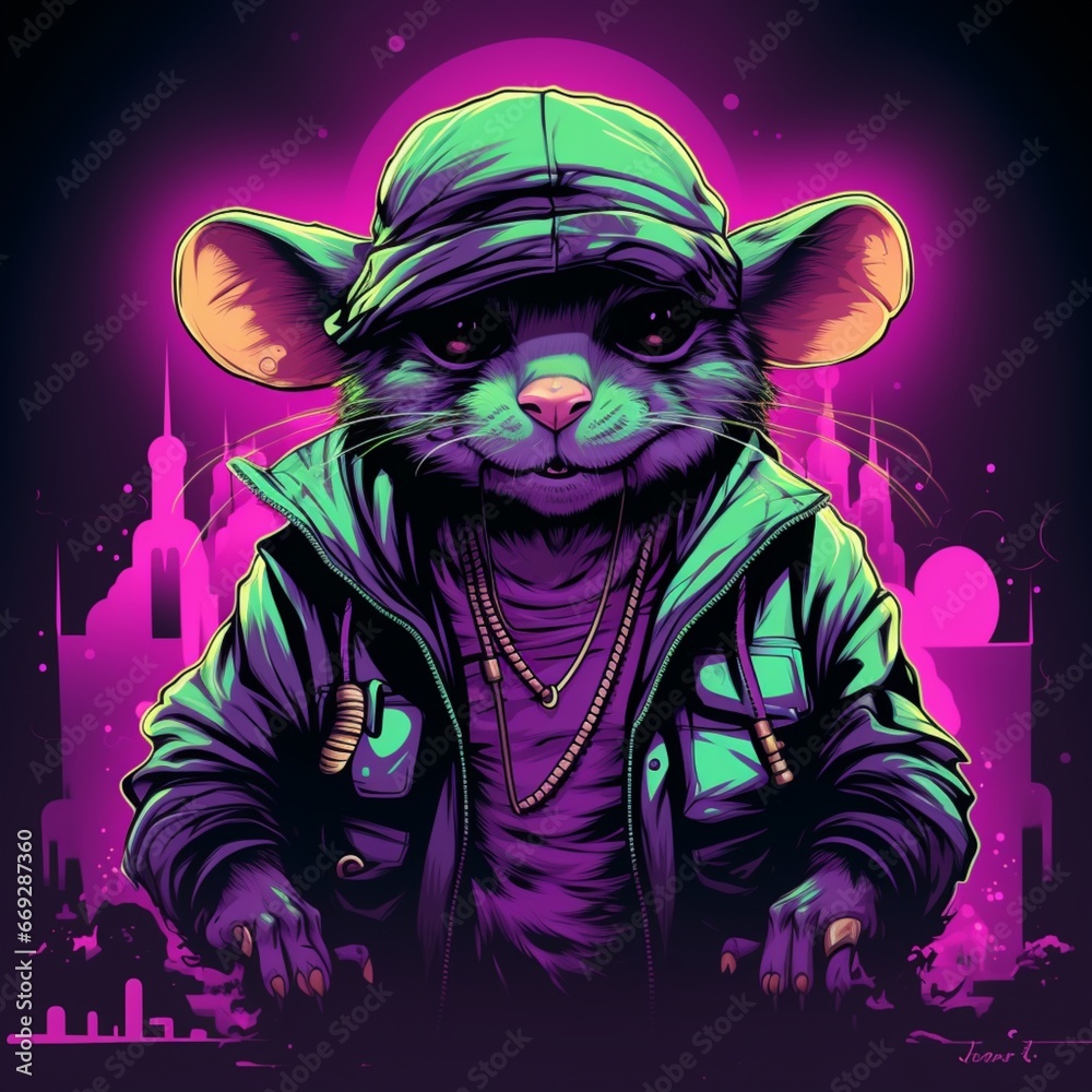 Fototapeta Cute rat glasses cartoon neon lights illustration picture AI generated art