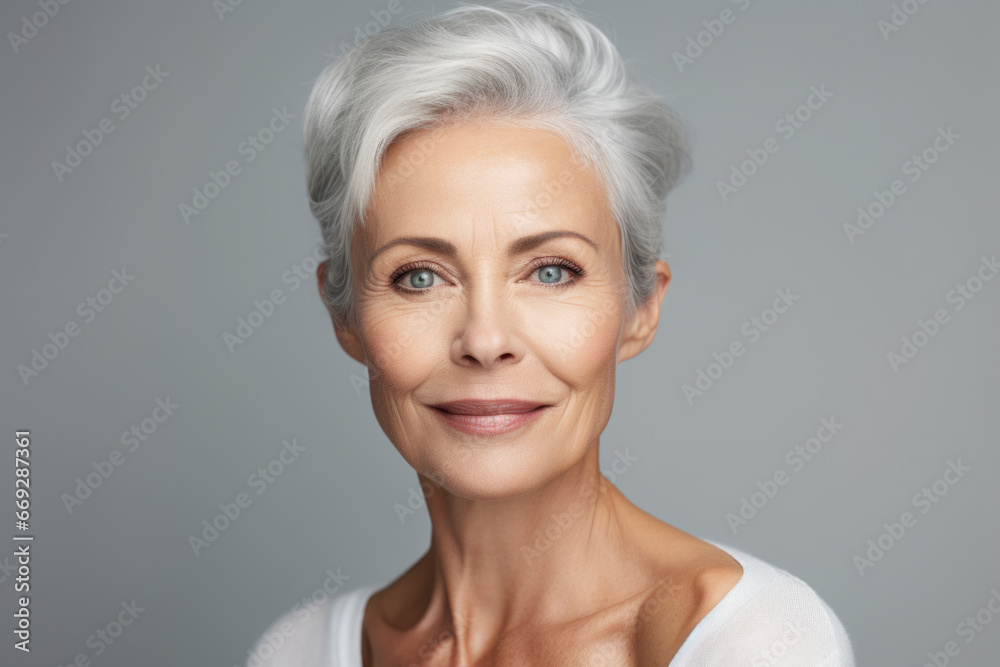Mature Grey Hair Woman Portrait on Empty Grey Background with Copy Space Mature Grey Hair Woman Portrait on Empty Grey Background with Copy Space