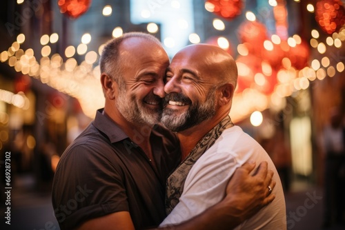 Happy male couple non-traditional orientation  gay  LGBT  romantic relationship of two men. Love serious commitment.