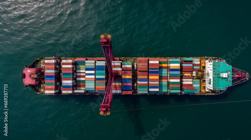 Aerial side view of cargo ship carrying containers from custom depot. Concept of freight shipping by ship service