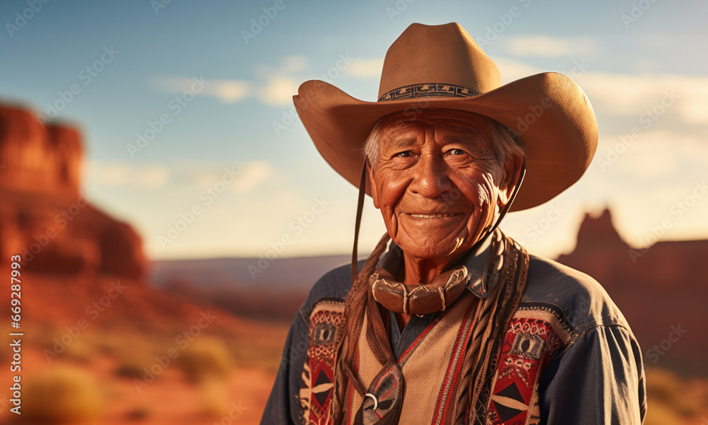 Native American Indian senior man wearing a cowboy hat in the southwest desert