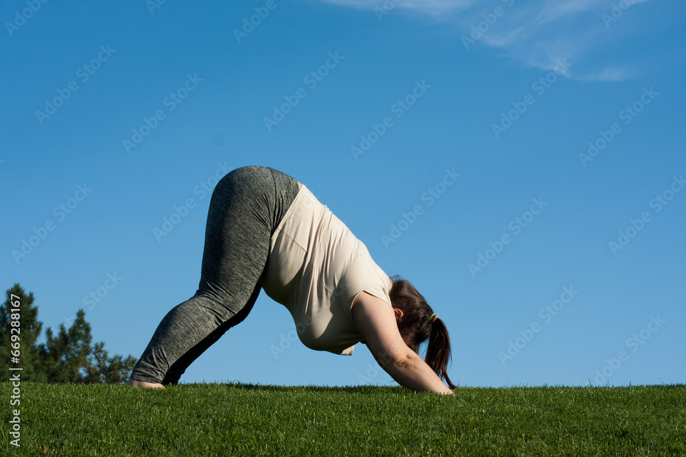 Fototapeta premium overweight middle-aged woman practices yoga in park, blue sky background. fat woman doing Downward facing dog exercise, adho mukha svanasana pose. Healthy lifestyle, Pilates outdoors in summer