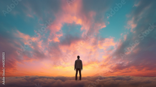 Homme se tenant debout devant des nuages colorés dans un ciel bleu. Ambiance calme, paradisiaque. Paradis, cieux, nuage. Arrière-plan pour conception et création graphique. © FlyStun