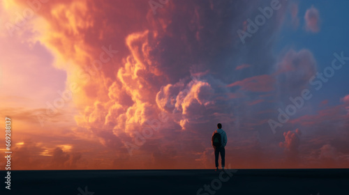 Homme se tenant debout devant des nuages colorés dans un ciel bleu. Ambiance calme, paradisiaque. Paradis, cieux, nuage. Arrière-plan pour conception et création graphique.