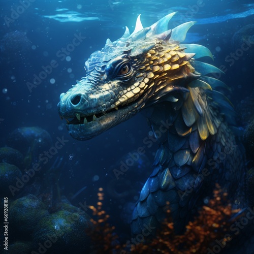 Deep ocean underwater swimming dragon animal illustration picture AI generated art © Biplob