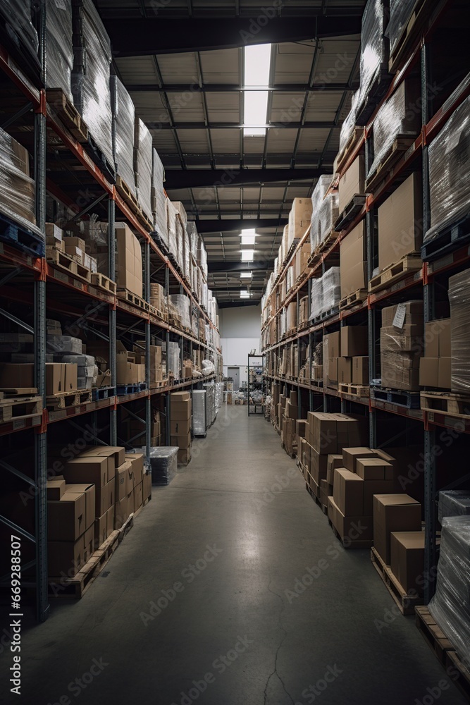 clean warehouse with shelves and cardboard boxes