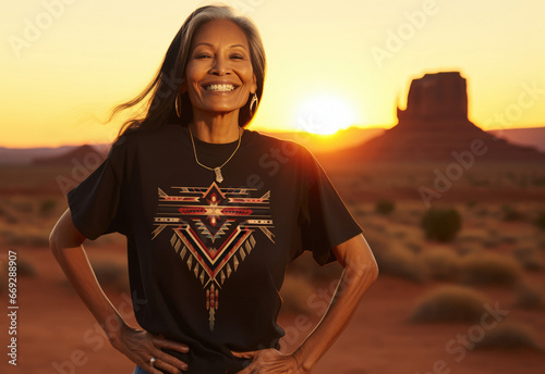 Portrait of Native American Indian senior woman wearing a black t-shirt in the desert southwest at sunset photo