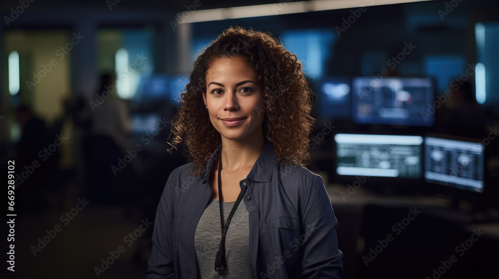 Obraz premium A female software engineer in a tech office, standing by a computer workstation and engaging with the camera