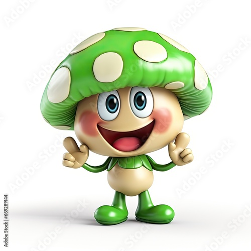 Cheerful mushroom character in cartoon 3d style  fly agaric on white background with copy space