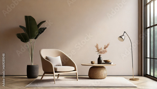 Beige contemporary minimalist interior with armchair, blank wall, coffee table and decor. 3d render illustration mockup