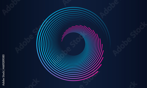 Abstract background with circle line pattern spin blue pink glitch light isolated on black background in the concept of music, technology, digital
