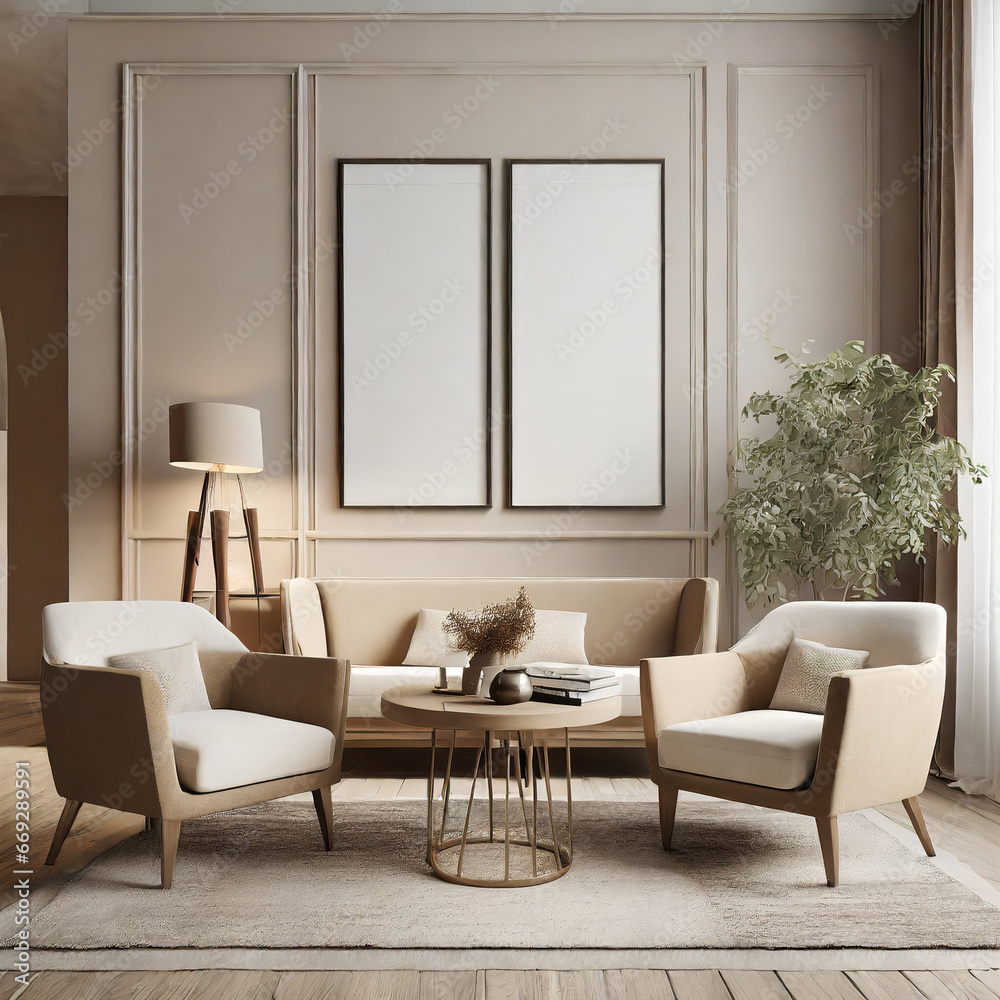 Empty blank poster frames mock up in modern living room interior in light beige tones with 2 armchairs and table, 3d render Empty blank poster frames mock up in modern living room interior in light beige tones with 2 armchairs and table, 3d render