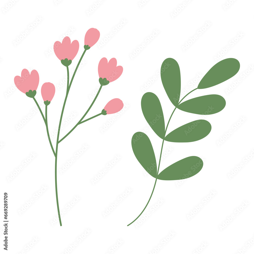 Abstract botanical spring set of blossom twig and brunch with small leaves in trendy seasonal shade