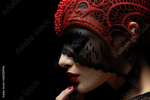 Mystery girl, hidden under the veil, cassock mask elegance gentlemanly luxury carnival ball, overeating mystery and fantasy, creative photos and elegant stylish presentation . photo