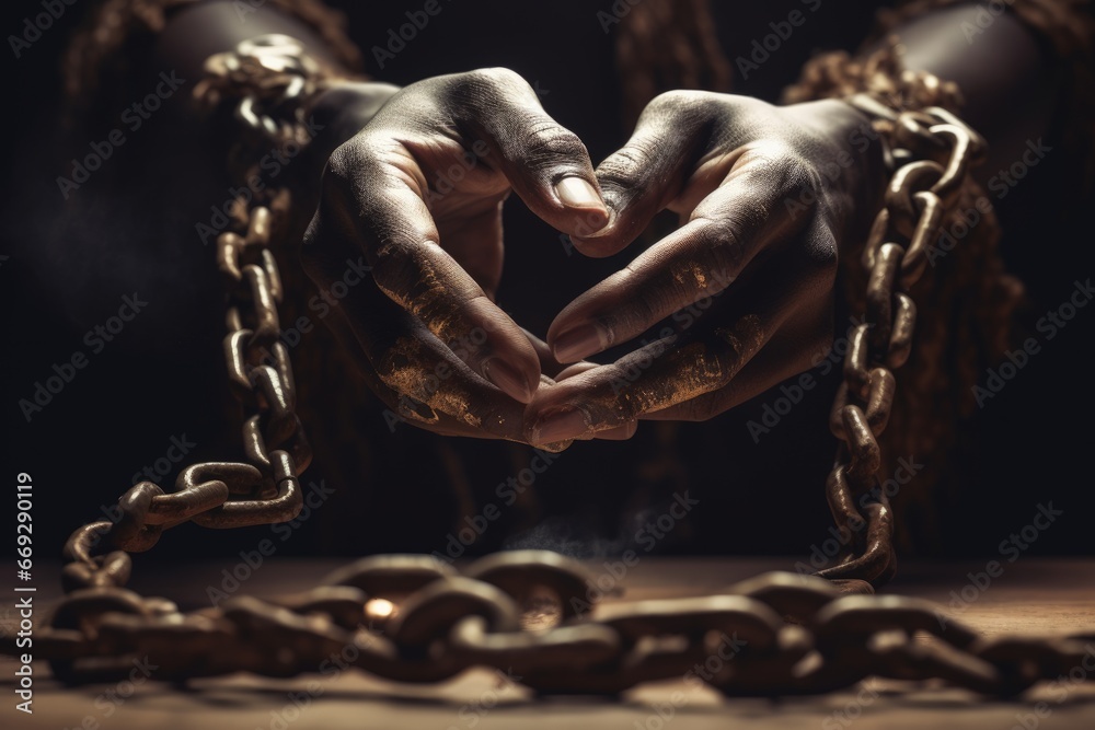 Slavery, forced use of work against persons will. A global problem. Theft. Chains. Forced ownership. Felony criminal. Captive, human trafficking, serfdom, credit, forced marriage. Shackles on hands. - obrazy, fototapety, plakaty 