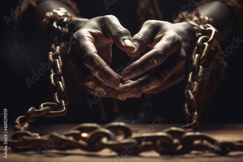 Slavery, forced use of work against persons will. A global problem. Theft. Chains. Forced ownership. Felony criminal. Captive, human trafficking, serfdom, credit, forced marriage. Shackles on hands. photo