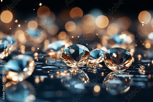 Gemstone particles splashes. Аbstract background with bokeh defocused lights. Glittering lights background. Abstract background with bokeh defocused lights. 3D rendering 