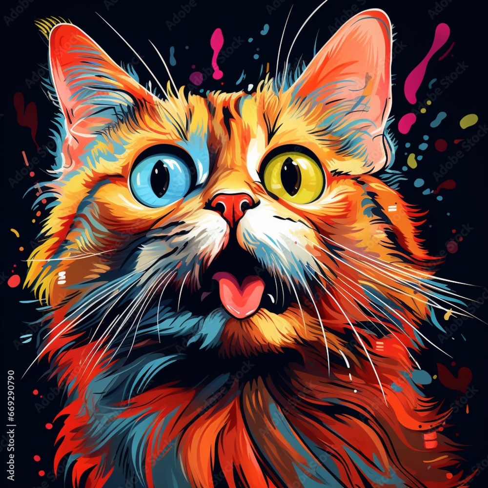 Funny cat colorful rainbow style artwork painting illustration picture AI generated art