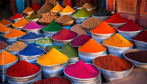 Moroccan spice stall in Marrakech market, Morocco Colorful spices and dyes found at asian or african market Vast array of fresh Moroccan exotic herbs and spices at a market stall. 