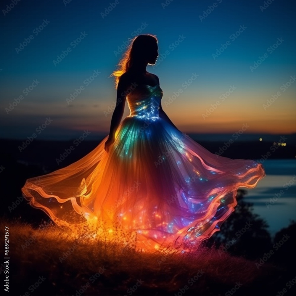 Girl wearing dress made light night sunset photography image AI generated art