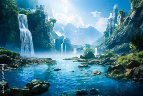 Vibrant dramatic heavenly landscape with mountains and waterfall -abstract pc desktop wallpaper background Banner Chill Lofi Concept