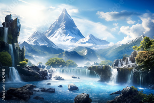 Vibrant dramatic heavenly landscape with mountains and waterfall -abstract pc desktop wallpaper background Banner Chill Lofi Concept