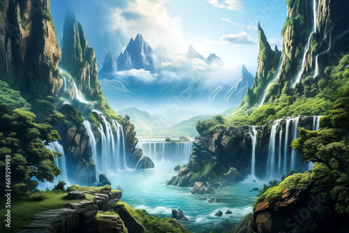 Vibrant dramatic heavenly landscape with mountains and waterfall  -abstract pc desktop wallpaper background Banner Chill Lofi Concept