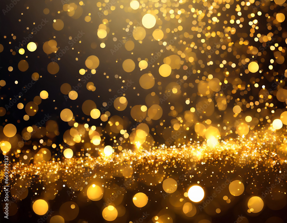 Gold bokeh light background, Christmas glowing bokeh confetti and sparkle texture overlay for your design. Sparkling gold dust abstract golden luxury decoration background