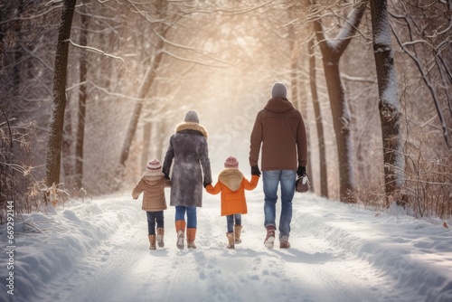 back view of happy family walking through a beautiful snowy forest