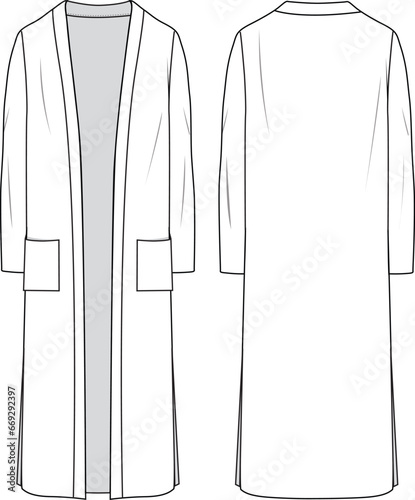 Women's Fine Gauge Long Line Cardigan. Technical fashion illustration. Front and back, white colour. Women's CAD mock-up.