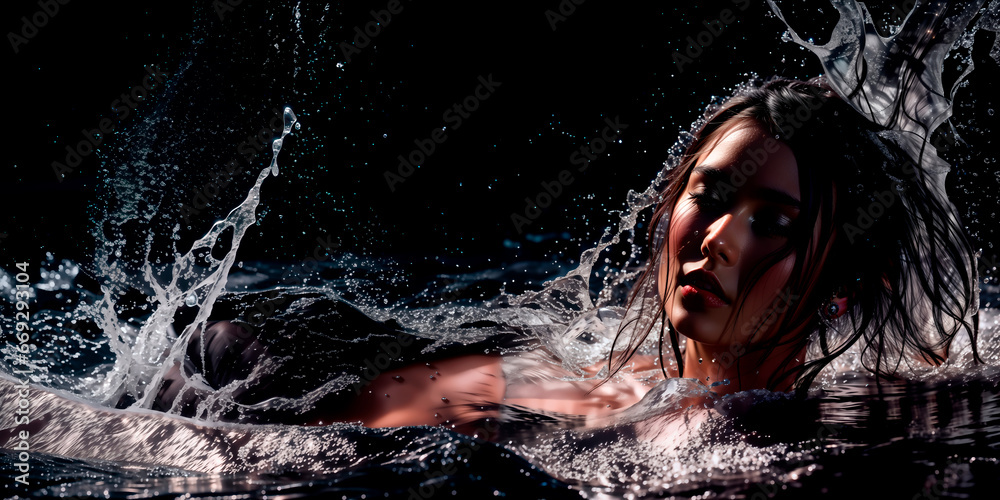 Fototapeta premium A woman is submerged in water with wet hair, water splashing around her. Generative AI