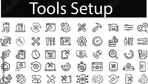 Tools setup line icons set. Setting and setup icons, Repair Related Vector symbol. Screwdriver, Gear, Recovery services instruments. working equipment.