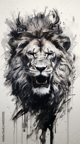 Hyper realistic Lion roaring with king photography image AI generated art