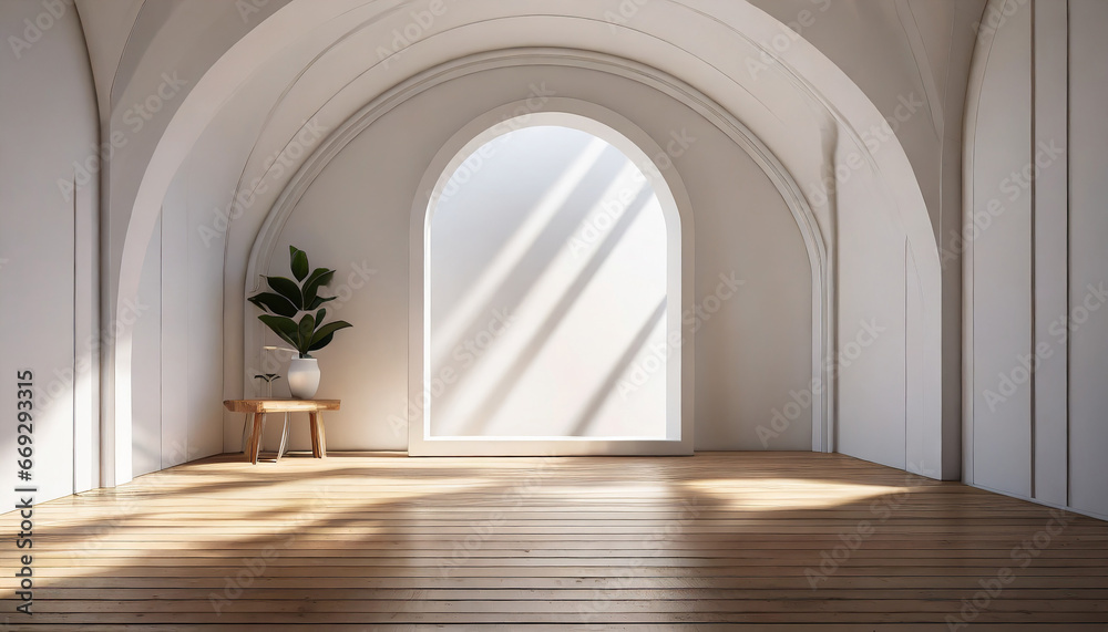 Minimal style empty white arch room interior 3d render, There are wooden floor arch shape window sunlight shine into the room decorated with hidden light on the wall